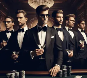 men in tuxedos standing with martinis